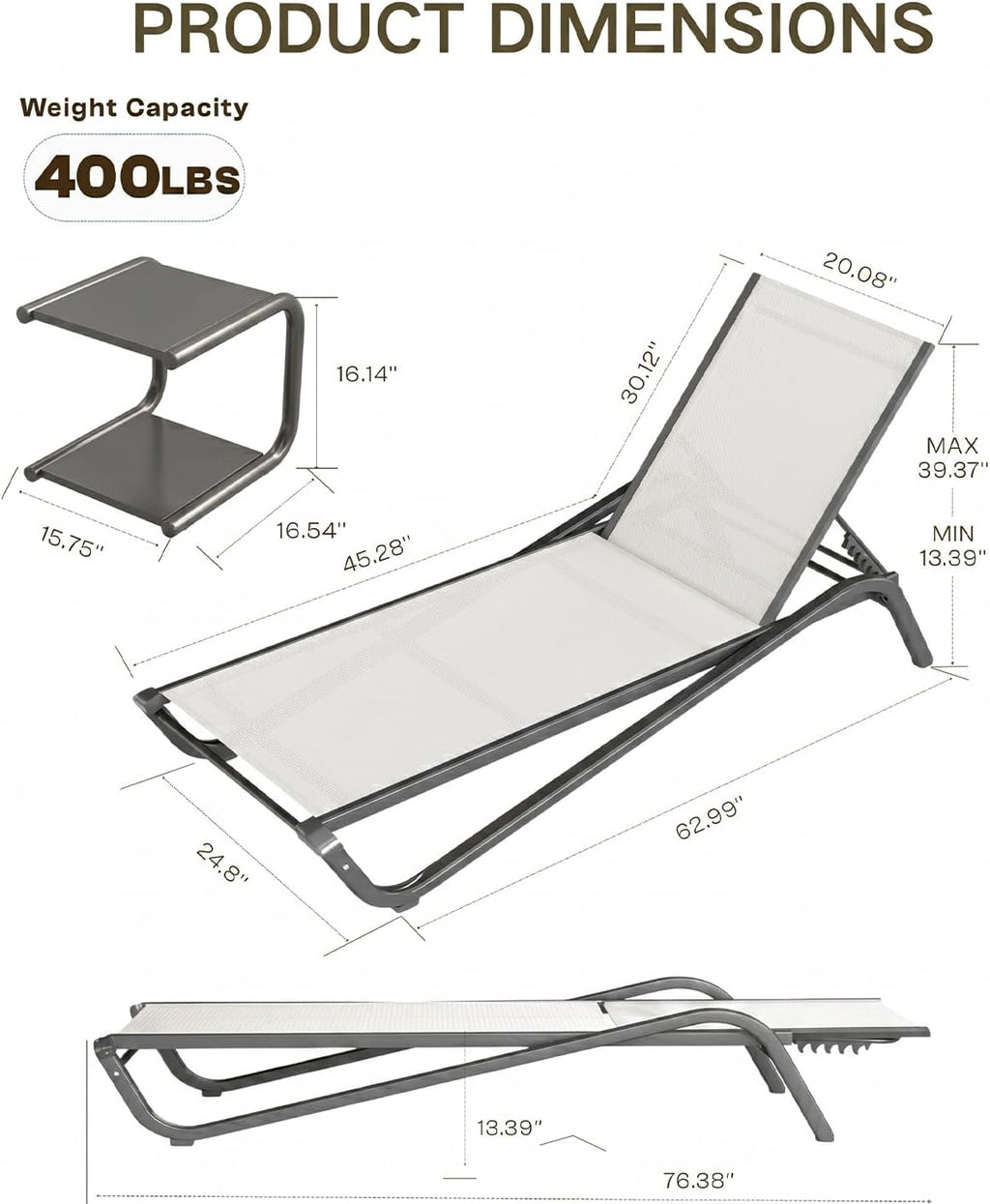 Set of 2 Beige Chaise Lounge with Side Table