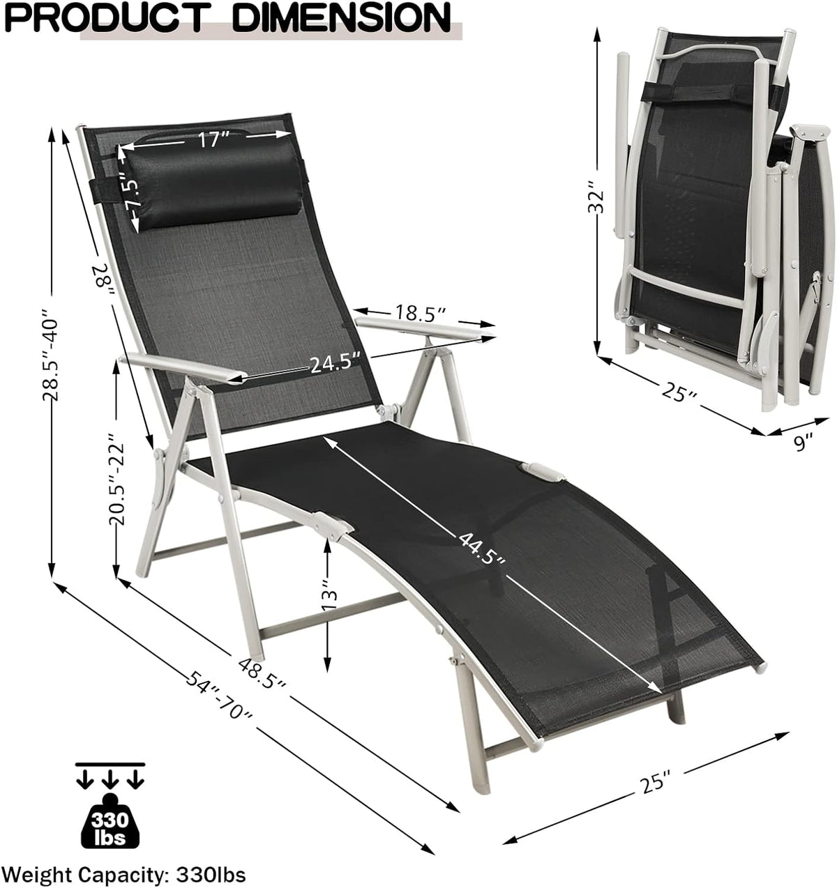 Black Folding Chaise Lounge Chair