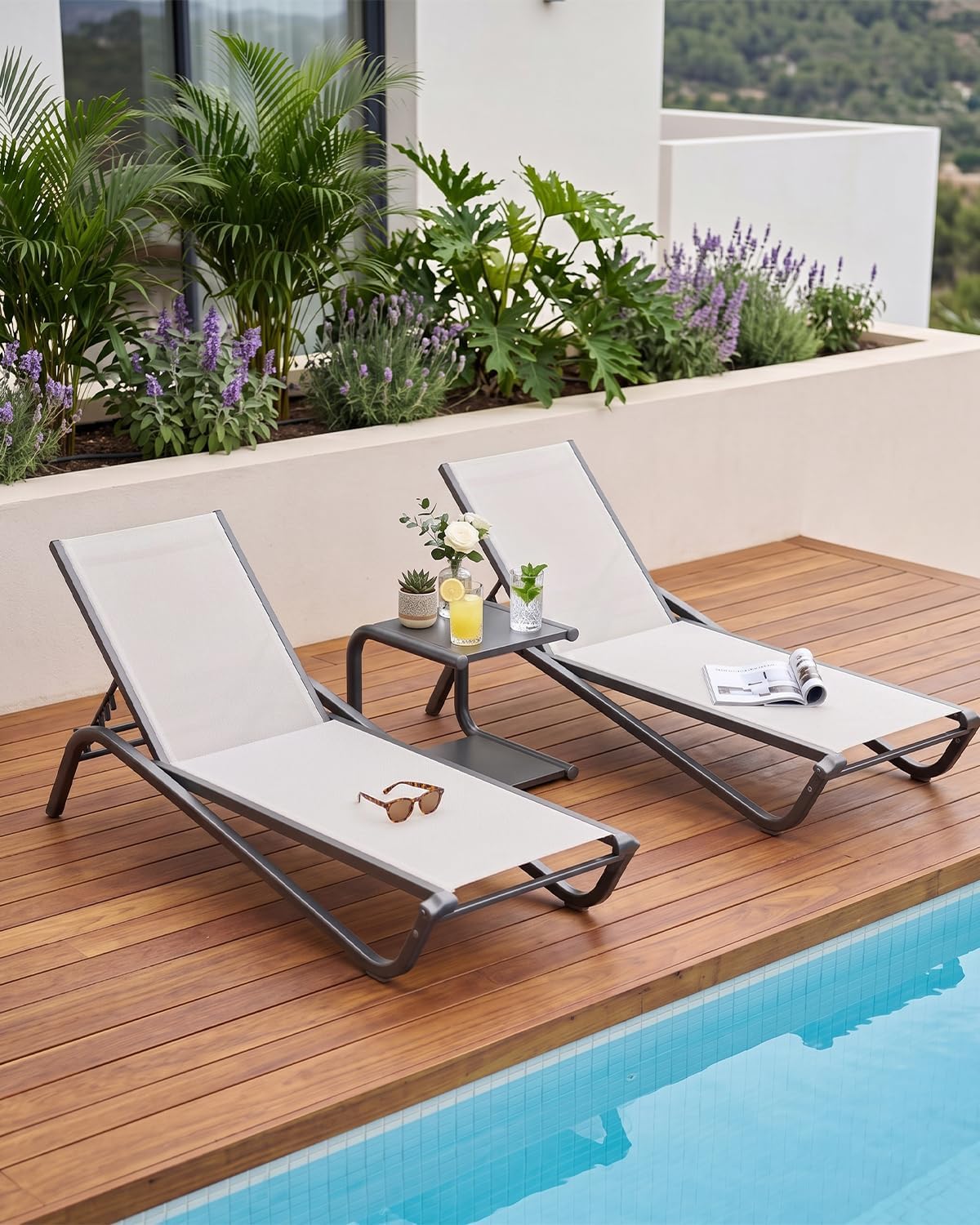 Set of 2 Beige Chaise Lounge with Side Table
