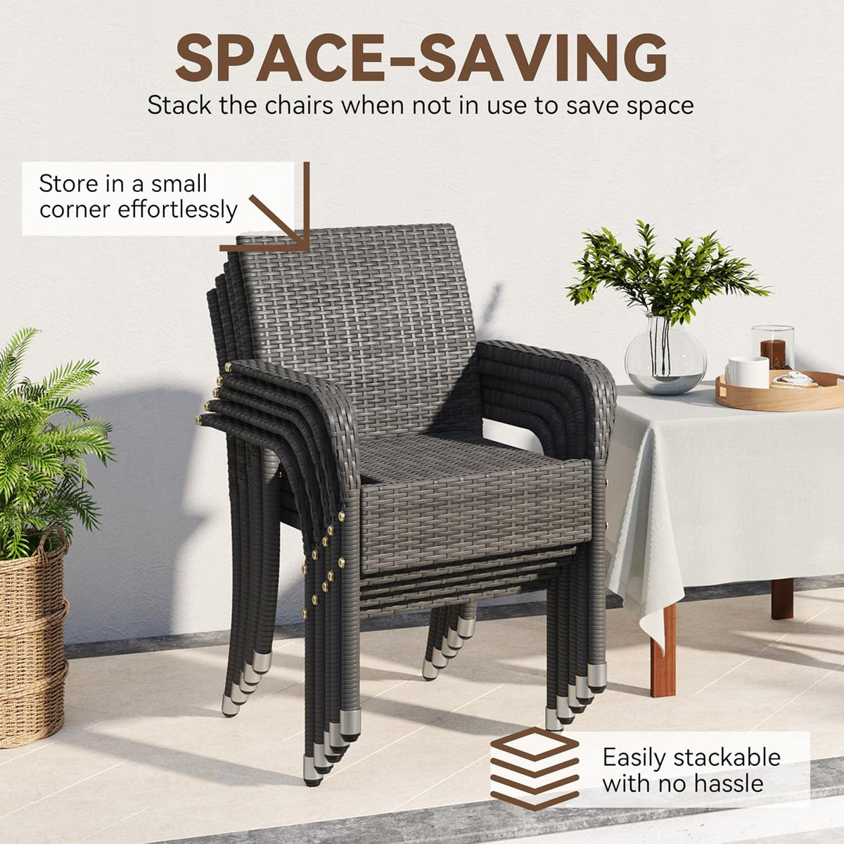 Set of 2 Gray Stackable Rattan Dining Chairs