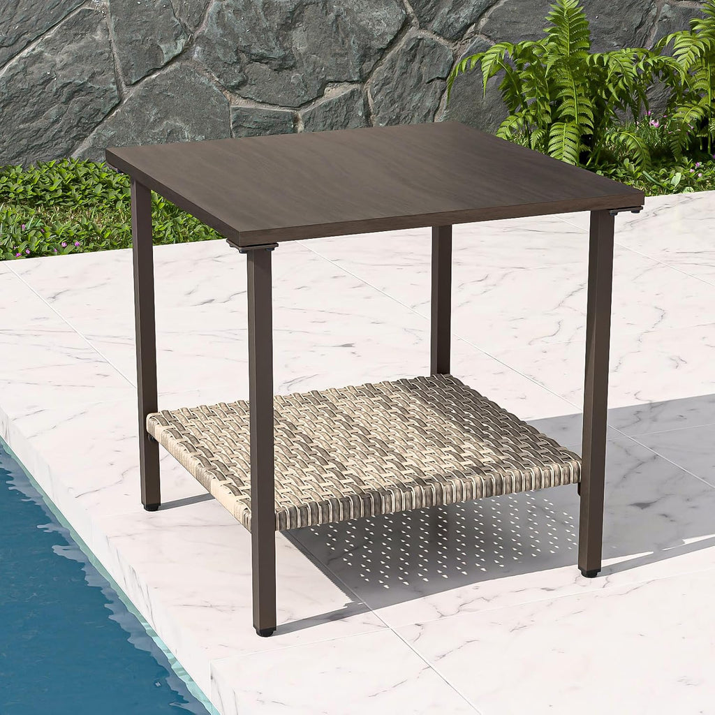 2-Tier Wood Grain Patio Side Table