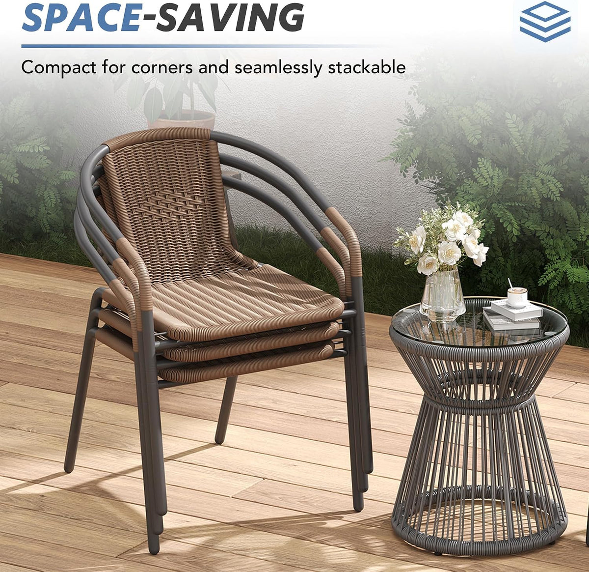 Set of 4 Brown Stackable Rattan Dining Chairs