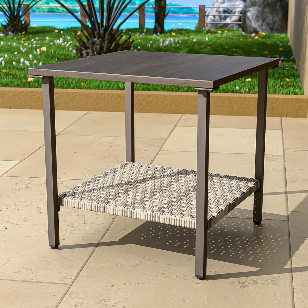 2-Tier Wood Grain Patio Side Table