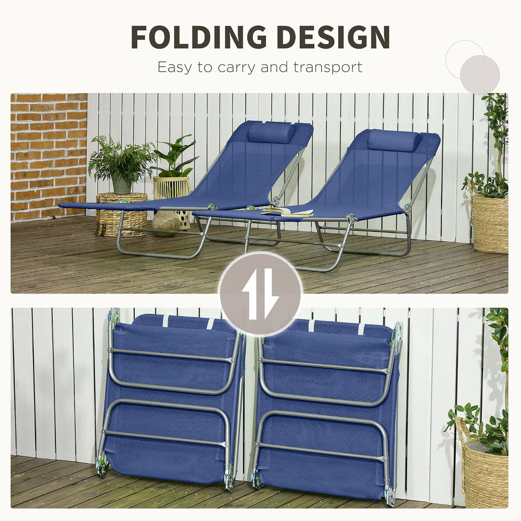 Set of 2 Dark Blue Folding Chaise Lounge Chairs