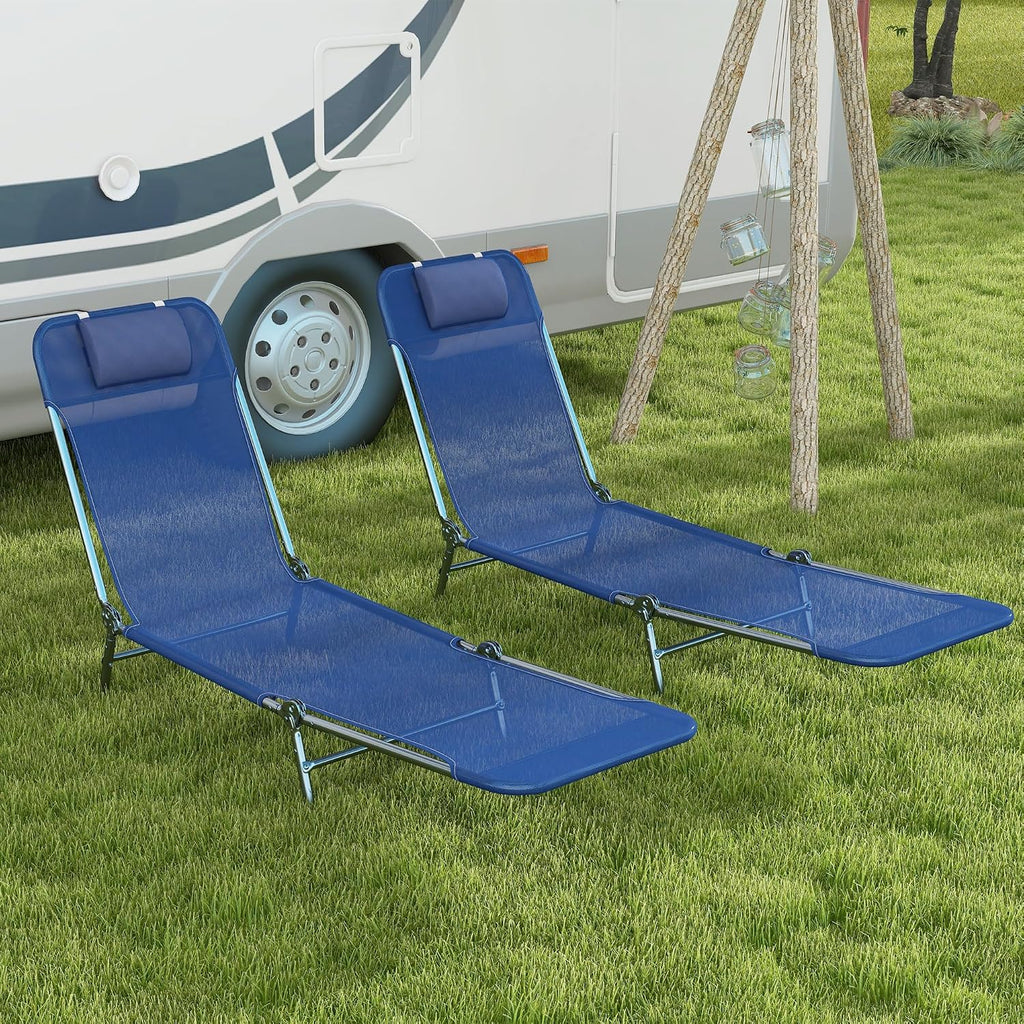 Set of 2 Dark Blue Folding Chaise Lounge Chairs