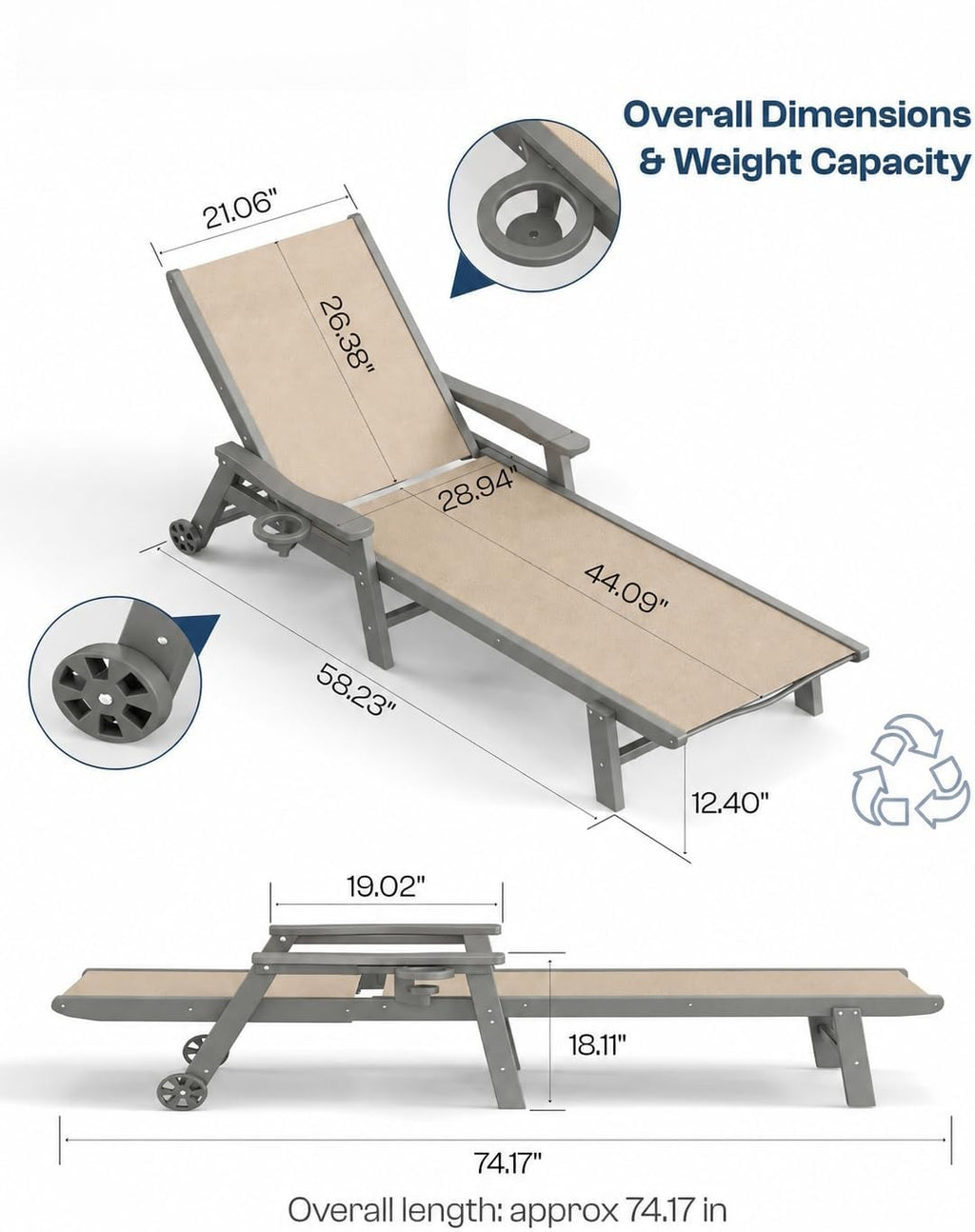 HDPE Grey Frame Khaki Chaise Lounge Chair